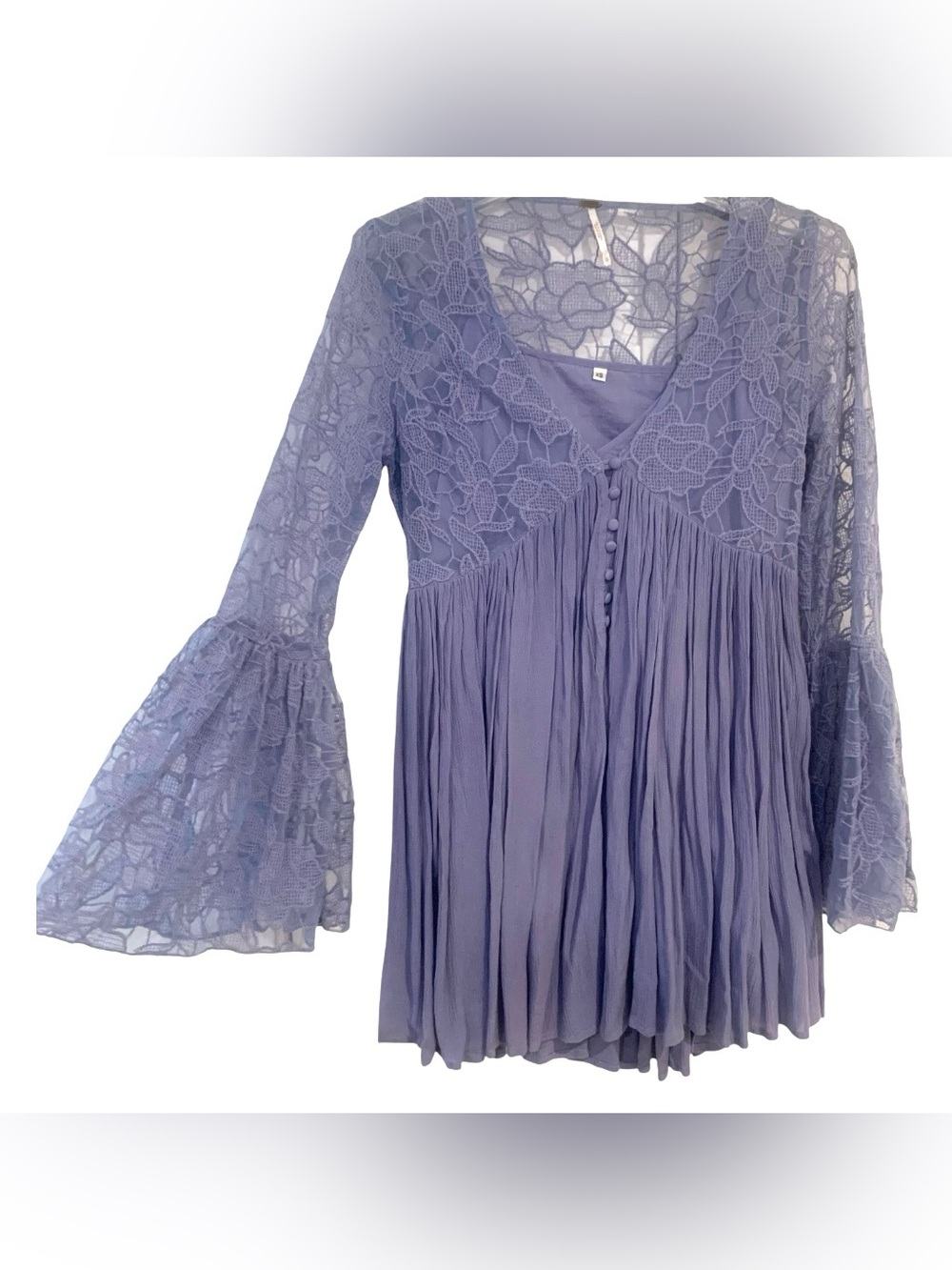 Free People "With Love From India"Periwinkle Lace Bell Sleeve Mini Dress Size XS - Picture 2 of 9